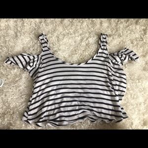Black and White Striped Shoulder Cutout Shirt